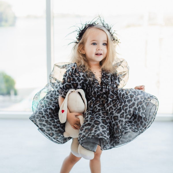 Leopard Print Girl Dress, Birthday Party Dress, Tutu Flower Girl, Graduation Dress, Halloweens Gown, Special Occasion, Puffy Toddler Dress