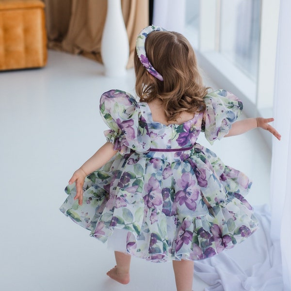 Birthday Toddler Dress, Purple Floral Baby Dress, Prom Graduation Girl Gown, Flower Girl Dress, Puffy Infant Dress, Cake Smash, Summer Dress