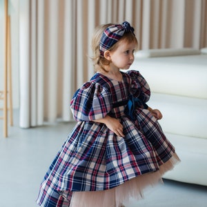 Blue & Red Christmas Plaid Dress, Photoshoot Baby Dress, Girl Santa Costume, Flannel Toddler Dress, Puffy Sleeve, Xmas Kids Outfit