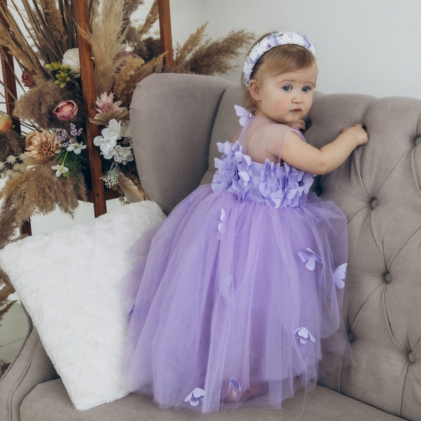 Vlinder eerste verjaardag jurk, lavendel bloemenmeisje jurk, Tule peuter jurk, prom jurk, vlinderstijl, speciale gelegenheid jurk