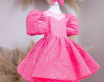 Hot Pink Birthday Girl Dress, Sparkling Toddler Dress, Puffy Sleeve, Prom  Dress, Dance Dress, Doll Girl Dress, Special Occasion Baby Dress