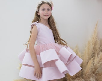 Robe de remise des diplômes, volants au genou, robe de soirée d'anniversaire mauve pâle, une épaule, tenue de bébé Cake Smash, mariage, tenue de reconstitution historique pour tout-petit