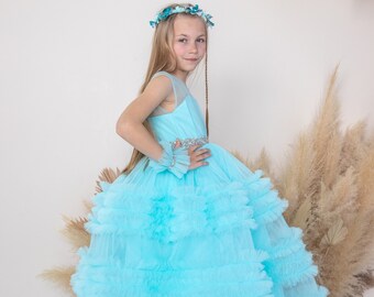 Turquoise Tutu Princess Prom Ball Dress, Maxi Wedding & Birthday Girl Dress, Ruffles Dress, Pageant, Photoshoot, Special Occasion Toddler