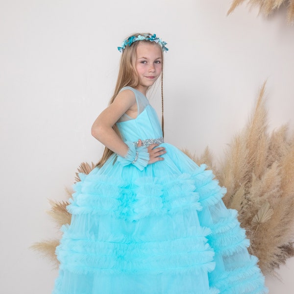 Turquoise Tutu Princess Prom Ball Dress, Maxi Wedding & Birthday Girl Dress, Ruffles Dress, Pageant, Photoshoot, Special Occasion Toddler