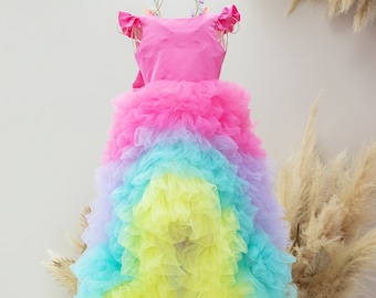 Rainbow Birthday Girl Dress With Train, Unicorn Party Dress, Ombre Prom Ball Gown,Puffy Multilayered Pageant Toddler Dress, Special Occasion