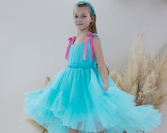 Turquoise Birthday & Prom Ball Girl Gown, Puffy Asymmetrical Flower Girl Dress, Ruffles Pageant Baby Dress, Special Ocassion Toddler Dress