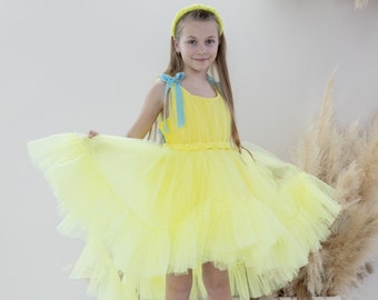 Yellow Tulle Dance Hi Lo Dress, Birthday Party Girl Gown, Prom Ball Dress, Flower Girl Dress, Ruffles Pageant Baby Dress, Special Ocassion
