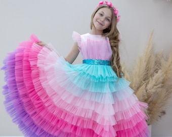 Vestido de niña de cumpleaños de fiesta arco iris, vestido maxi unicornio, vestido de bebé multicapa hinchado de desfile, vestido de niño de sesión de fotos, vestido de graduación