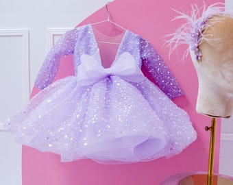 Sparkling Toddler Birthday Dress, Lilac Flower Girl Dress, Tutu Dress, Sequined Gown, Long Sleeve, Prom Dress, Special Occasion Girl Dress