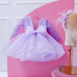 Sparkling Toddler Birthday Dress, Lilac Flower Girl Dress, Tutu Dress, Sequined Gown, Long Sleeve, Prom Dress, Special Occasion Girl Dress