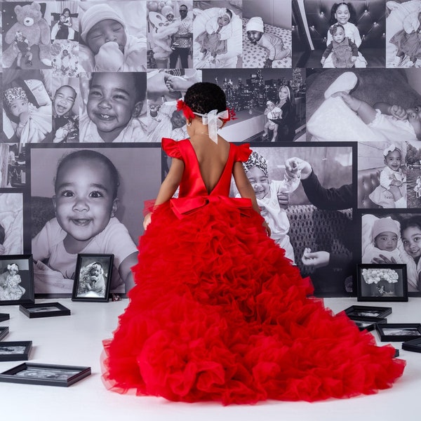 Red Prom Ball & Flower Girl Gown, Birthday Party Puffy Ruffled Dress With Sweep Train, Pageant Multilayered Toddler Dress, Special Occasion