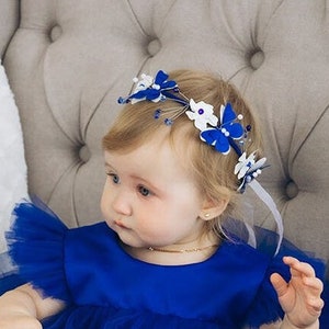 Blue Flower Girl Headband, Butterfly Baby Hair Accessories, Birthday Girl Headband, Bridal Crown, Special Occasion Hair Ornament