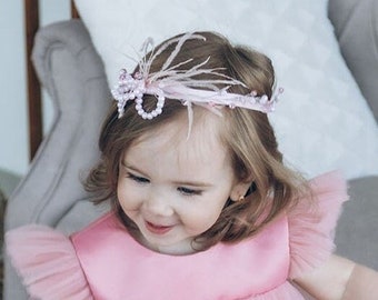 Pearls & Feathers Headband, Pink Birthday Girl Headband, First Birthday Crown, Flower Girl, Boho Prom Headband, Pageant Party Hair Accessory