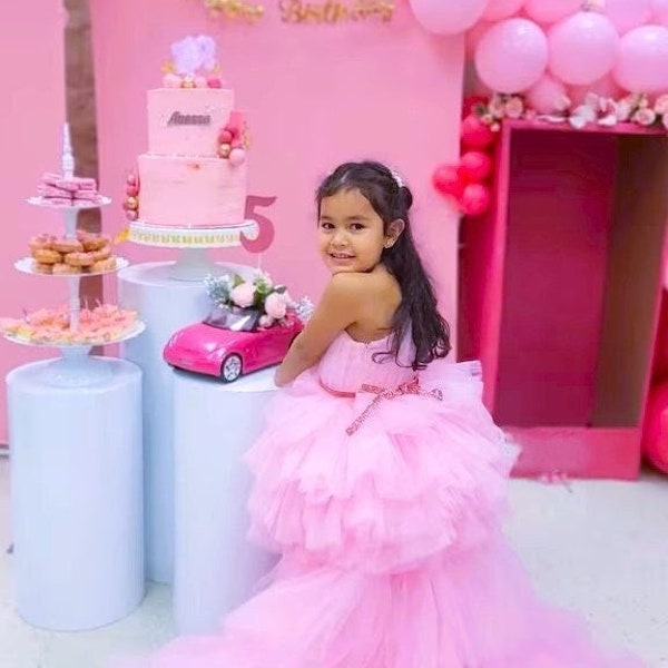 Pink little princess dress, gown for little girls, one shoulder tulle dress kids, pink fancy dress with big train, baby girl birthday dress