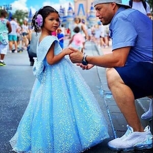 Blue Flower Girl Dress, Maxi Sparkling Gown, Birthday Girl Dress, Off Shoulders, Prom Ball Gown, Special Occasion Outfit, Princess Dress