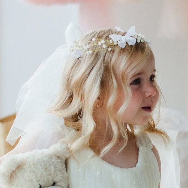 White Butterfly & Beads Headband, Flower Girl Veil, Birthday Party Baby Crown, Graduation Hair Accessory, Bridal Hair Ornament