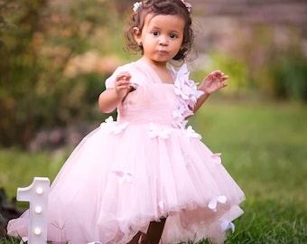 READY TO SHIP Butterfly Baby Dress, Pink Birthday Girl Dress, First Birthday Dress, Tulle Toddler Dress With Butterfly, Prom Baby Dress