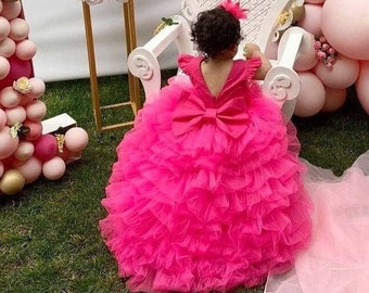 Bright birthday baby girl dress, photoshoot girl dress, maxi puffy girl  dress with train, first birthday dress, princess flower girl dress