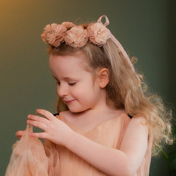 Beige Floral Headband, Birthday Girl Caramel Grown, Flower Girl Hair Accessory, Pearls Party Headband, Prom Headband, Bridal Hair Ornament