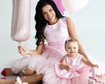 Pink Sparkling Matching Dresses, Mommy and Me, Birthday Dress, Party Tutu Dresses, Wedding Guest Dress, Family Gown For Photoshoot