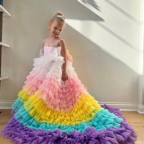 Unicorn birthday dress, rainbow multicolored baby girl dress, girl birthday dress, holiday baby Unicorn, hi lo puffy princess dress
