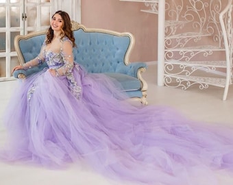 Lavendel maxi-jurk, lange sweep-trein, fotoshootjurk, kanten jurk, trouwjurk, zwangerschapsjurk, lange mouw, diepe v-hals, avondjurk