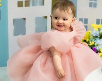 Puffy dress for girl, birthday baby girl dress, organza girl dress, 1st birthday girl gown, puffy sleeve dress