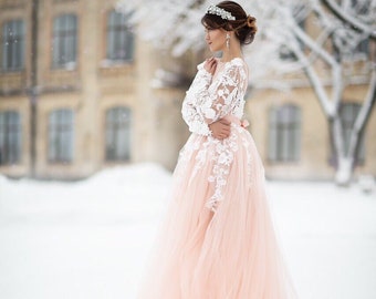 Maternity photo shoot dress pregnancy photo maternity outfit peach tulle dress ivory lace dress women dress maternity gown sweep dress