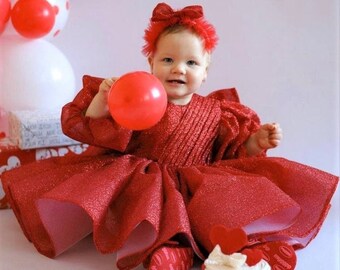 Vestido de tul para primer cumpleaños, vestido de bebé con purpurina roja brillante, vestido de cumpleañera, vestido de manga larga abullonada, vestido de desfile para niña pequeña