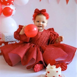 Tutu First Birthday Dress, Red Sparkly Glitter Baby Dress, Birthday Girl Dress, Long Puffy Sleeve Dress, Toddler Pageant Dress