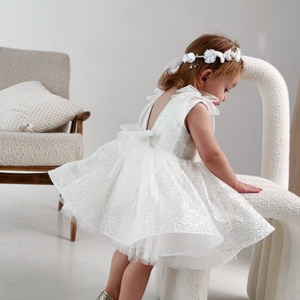 White Sparkling Flower Girl Dress, Birthday Girl Dress, Glitter Toddler Dress, Prom Gown, First Communion Dress, Special Occasion Dress