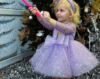 Lilac Birthday Girl Dress, Flower Girl Dress, Tutu Toddler Dress, Sequin Baby Dress, Long Sleeve, Sparkly Prom Gown, Special Occasion Dress