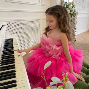 Bright pink girl dress, baby girl birthday dress, first birthday dress, tutu tulle baby dress, toddler holiday outfit, Christmas baby