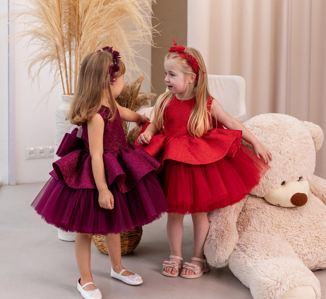 Burgundy Red First Birthday Dress, Festive Toddler Dress, Party Girl Dress,  Sparkling Peplum Gown, Tutu Dress for Sisters, Graduation Dress - Etsy