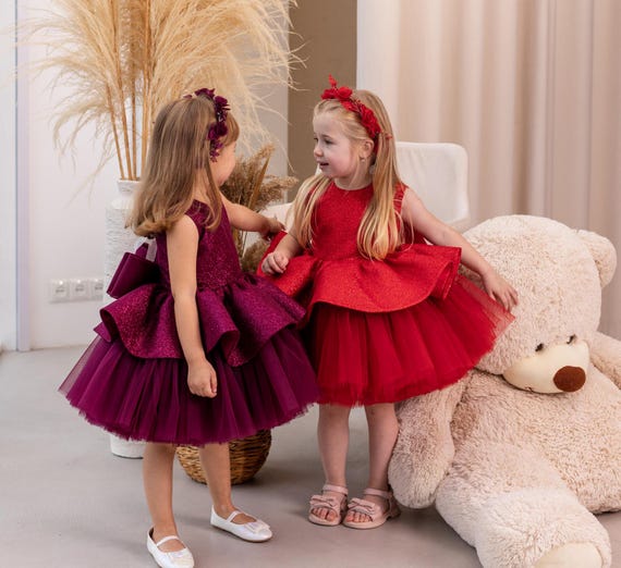 girls festive dresses Elegant Satin and Tulle Holiday Dress for Little Girls 452 10 / Red main image 0