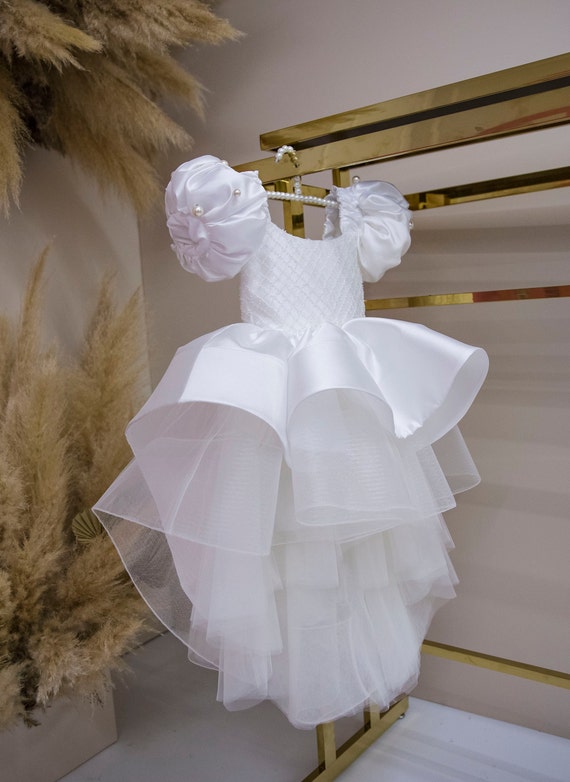 White Flower Girl Dress With Train Birthday Baby Girl Dress High Low Toddler Dress Peplum Prom Gown Puffy Sleeve Special Occasion Dress Etsy Canada