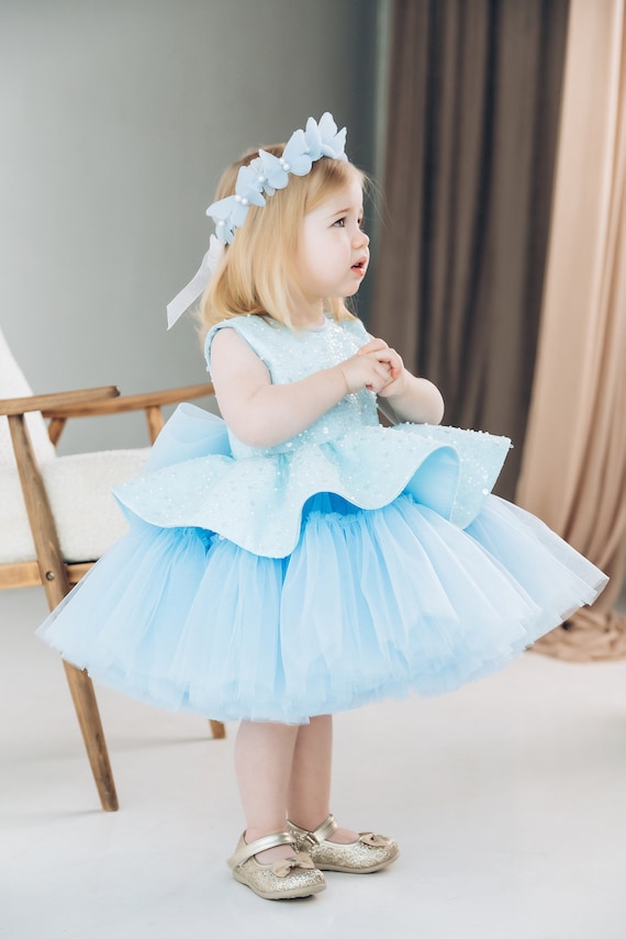Ready to Ship - Blue Baby Birthday Dress, Sparkling Toddler Tutu Flower Girl Outfit, Peplum Prom Pageant Gown, Smash Cake, Special Occasion