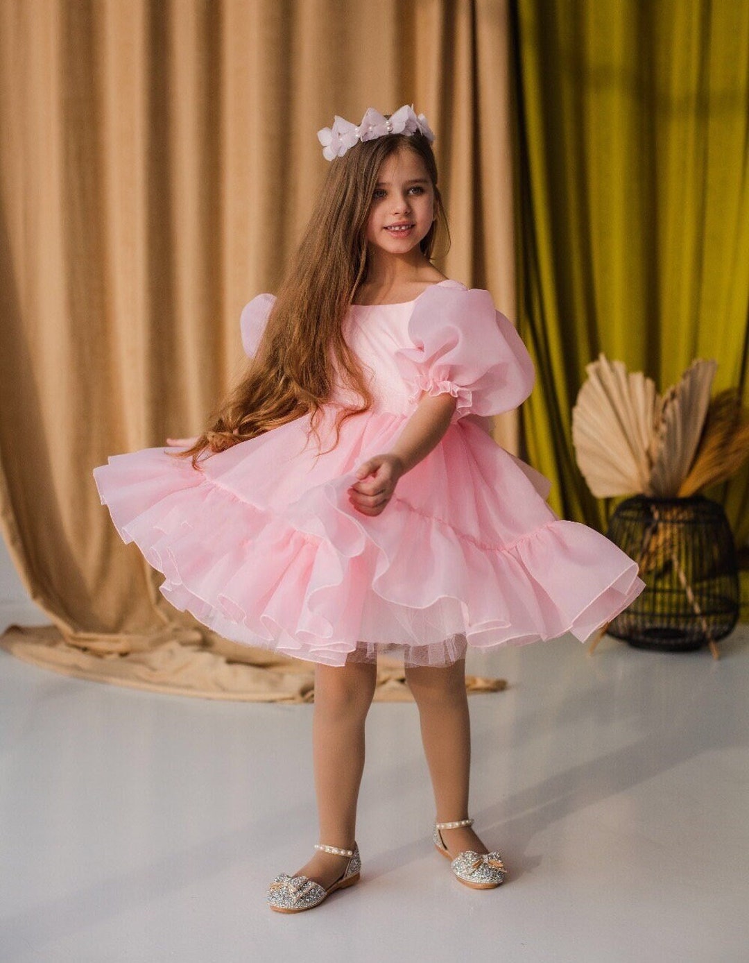 Pink Birthday Party Girl Dress, Flower Girl Dress, Tutu Ruffled Baby