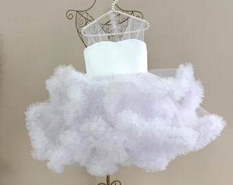 White Flower Girl Wedding Guest, Tutu Puffy Pageant Dress, Feathers, Communion, Formal Prom Princess Gown, Baby Birthday Photoshoot, Baptism