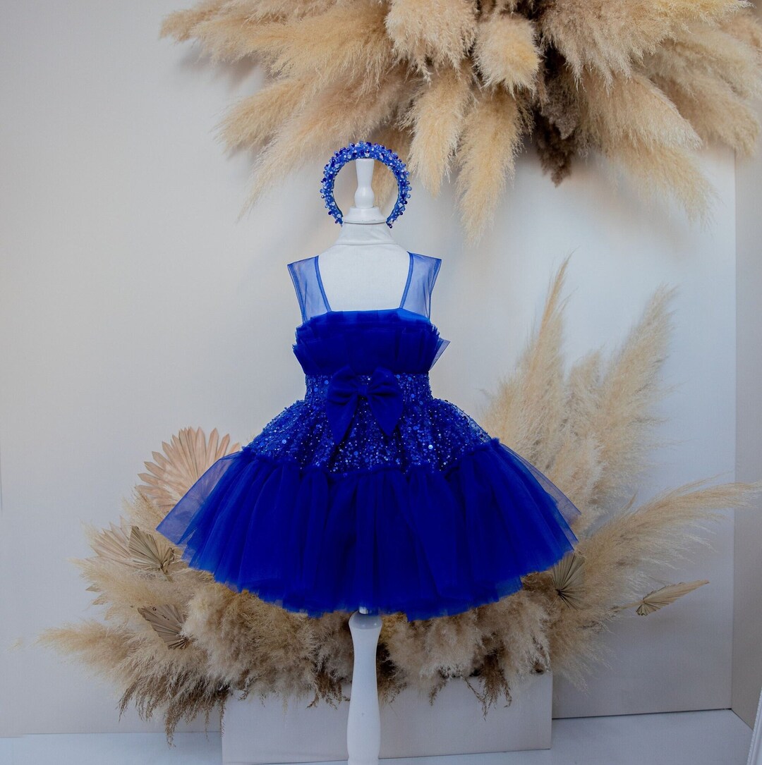 Scoop Pleated Knee-Length Girl's Dress Royal Blue main image 1