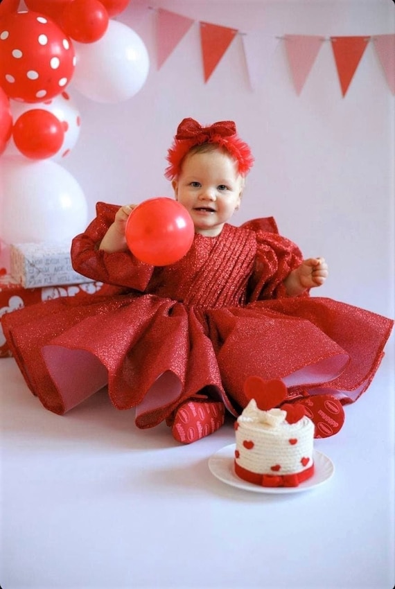 Tutu First Birthday Dress, Red Sparkly Glitter Baby Dress, Birthday Girl Dress, Long Puffy Sleeve Dress, Toddler Pageant Dress