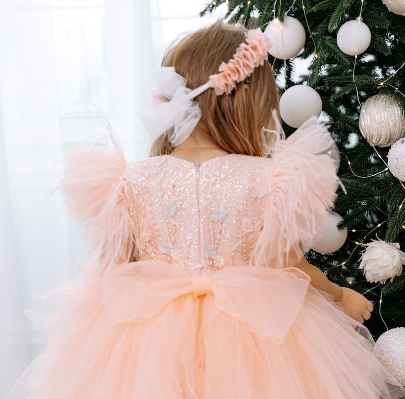 Peach Flower Girl Gown Birthday Girl Dress Ruffled Tulle Etsy