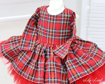 Christmas Baby Girl Dress, Photoshoot Girl Dress, Red Plaid Baby