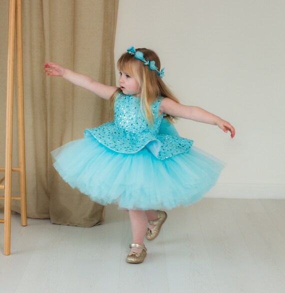 Baptism Pastel Blue Girl Dress, Sparkling Birthday Party Baby Gown, Graduation, Flower Girl Tutu Dress, Big Bow, Toddler, Puffy Kids Outfit
