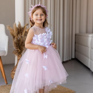 Butterfly First Birthday Dress, Flower Girl Dress, Pink Tulle Toddler Dress, Fairy Prom Dress, Special Occasion Dress, Baby Girl