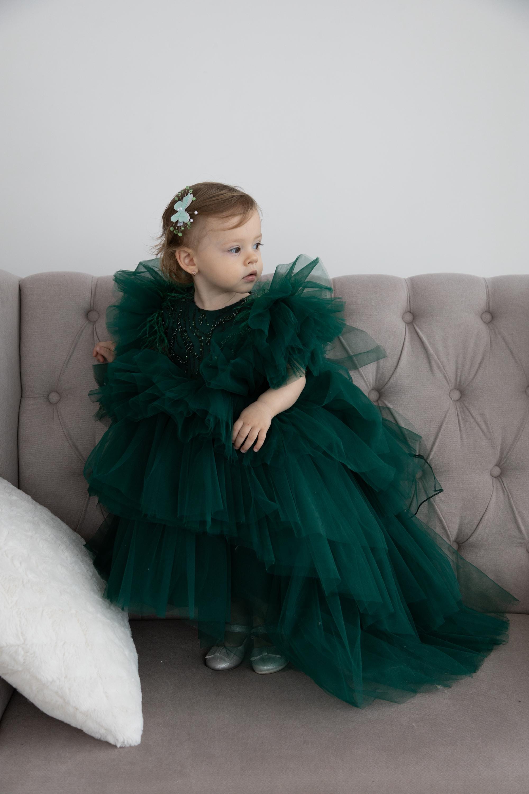 emerald green little girl dresses Dream Organza Dress Girls Tiered Satin Party Dress (Sizes 7 Joan Dress - Emerald Green