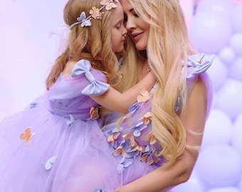 Vestido de madre e hija en color lavanda para eventos especiales, vestido a juego para cumpleaños, vestido de novia con temática de mariposas, vestido de boda y de noche de varias capas