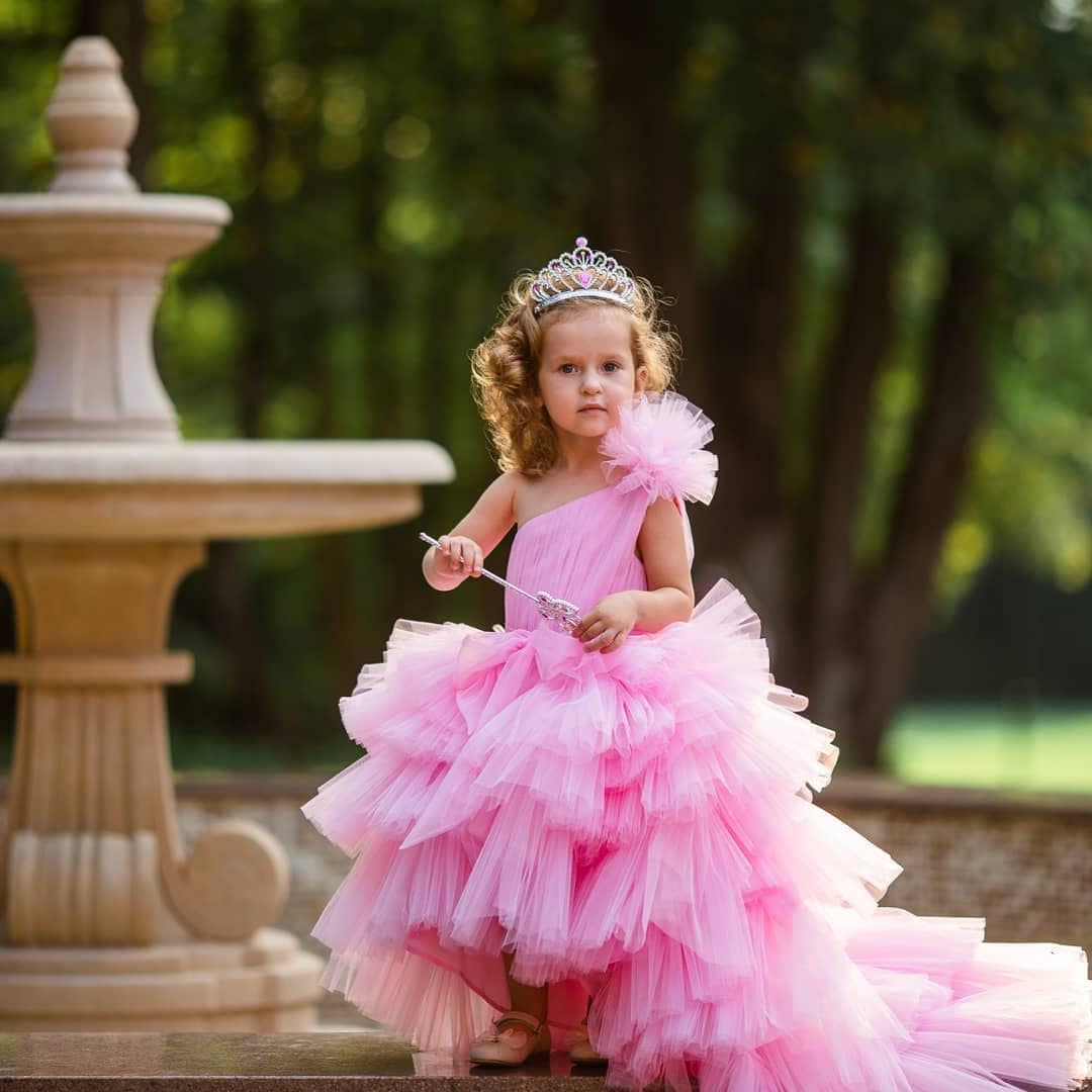 Pink Little Princess Dress, Gown for Little Girls, One Shoulder Tulle Dress  Kids, Pink Fancy Dress With Big Train, Baby Girl Birthday Dress 