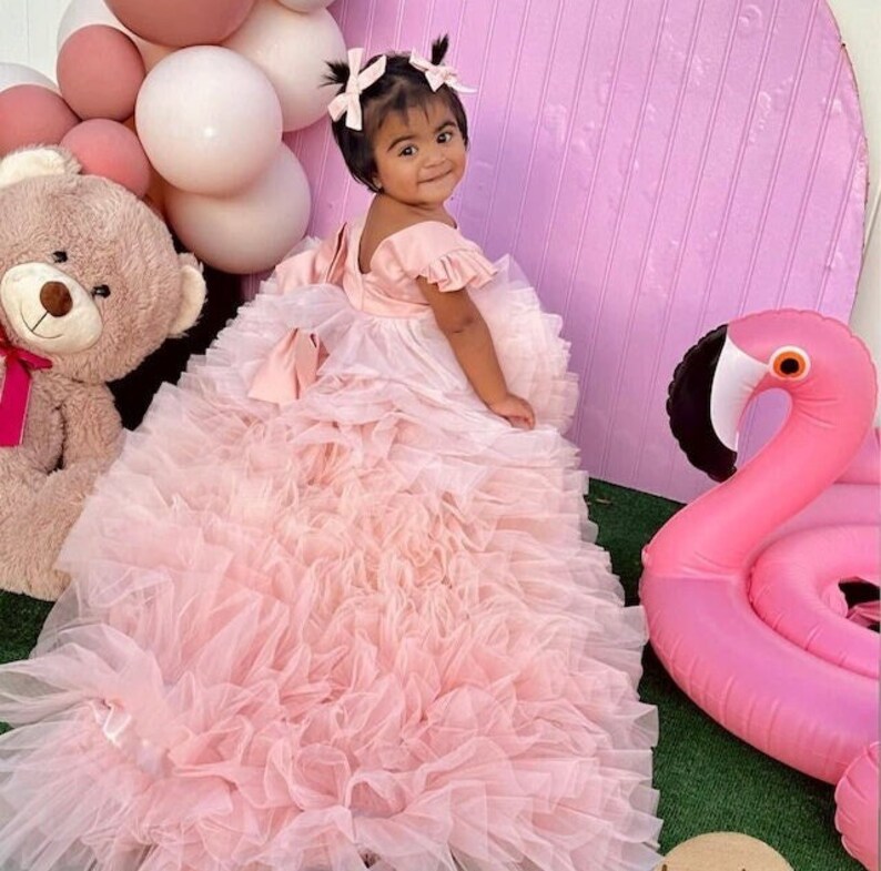 READY TO SHIP, Peach Birthday Girl Dress, Ombre Flower Wedding, Baptism, Tutu Tulle Baby Dress With Train, Formal Event Dress, Prom Dress image 3