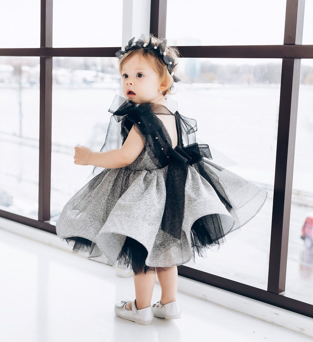 Grey Glitter Birthday Party Girl Dress, Tutu Toddler Dress, Open Back